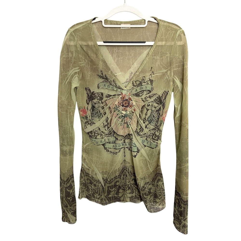 Love Amour Y2K Beaded Boho Long Sleeve Semi Sheer Top Sz S Fairycore Bella Swan